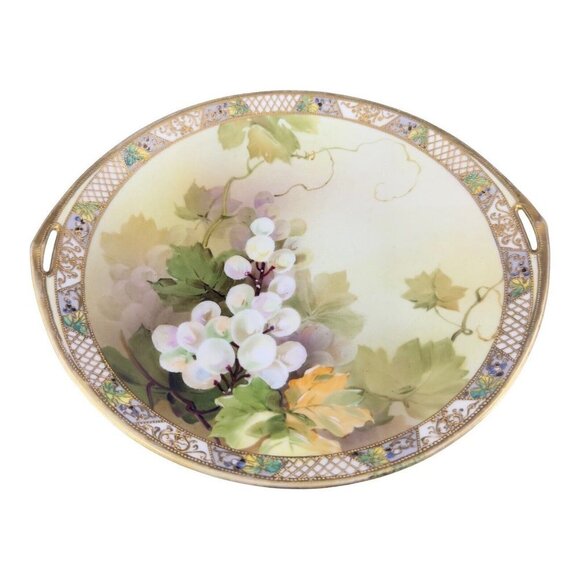 Antique Nippon HandPainted Large Platter Dish Plate W Handles Textured Porcelain - Picture 1 of 16